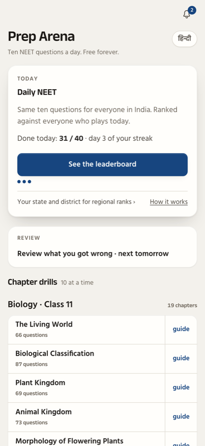 The Prep Arena home screen: today's set, a review card and the chapter list